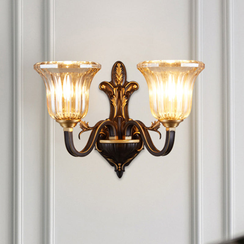 Antiqued Inverted Bell Wall Lamp: 1/2-Light Ribbed Glass Fixture With Curvy Brass Arm