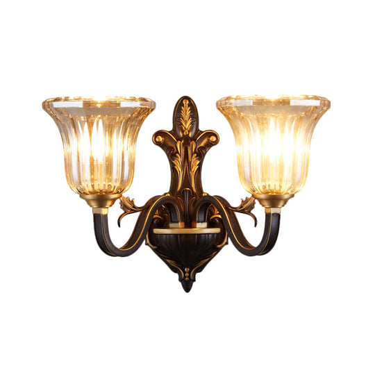 Antiqued Inverted Bell Wall Lamp: 1/2-Light Ribbed Glass Fixture With Curvy Brass Arm