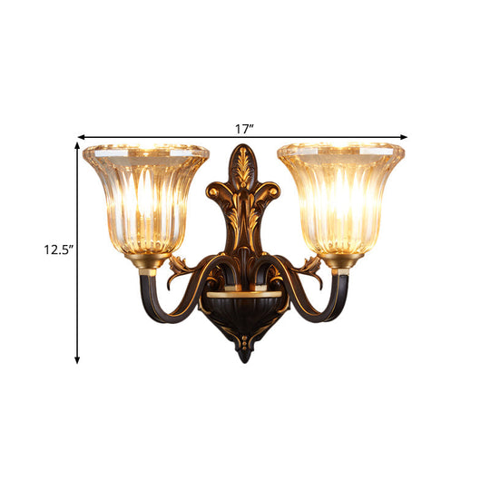 Antiqued Inverted Bell Wall Lamp: 1/2-Light Ribbed Glass Fixture With Curvy Brass Arm