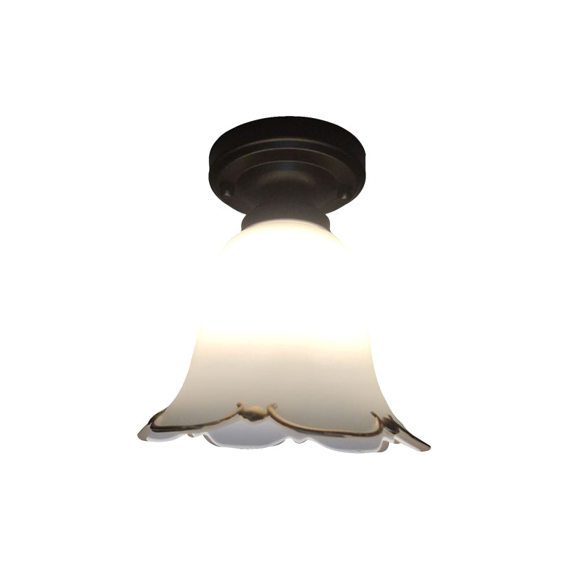 Rustic White Glass Ceiling Light for Hallways - 1 Bulb Black Flush Mount Fixture