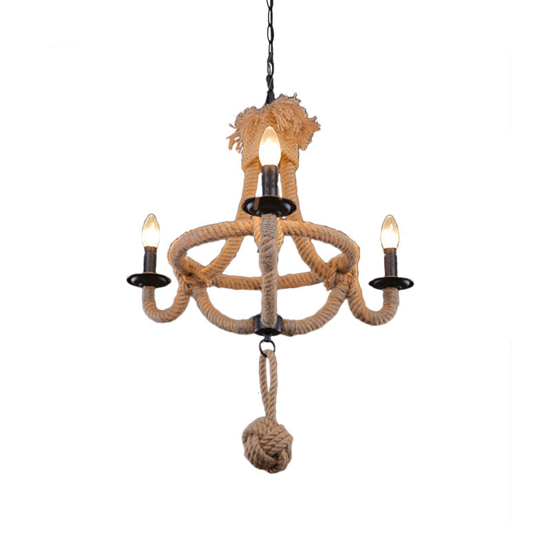 Country Style Brown Rope Hanging Lamp - Rustic 3-Headed Bowl Cage Light Fixture For Restaurants