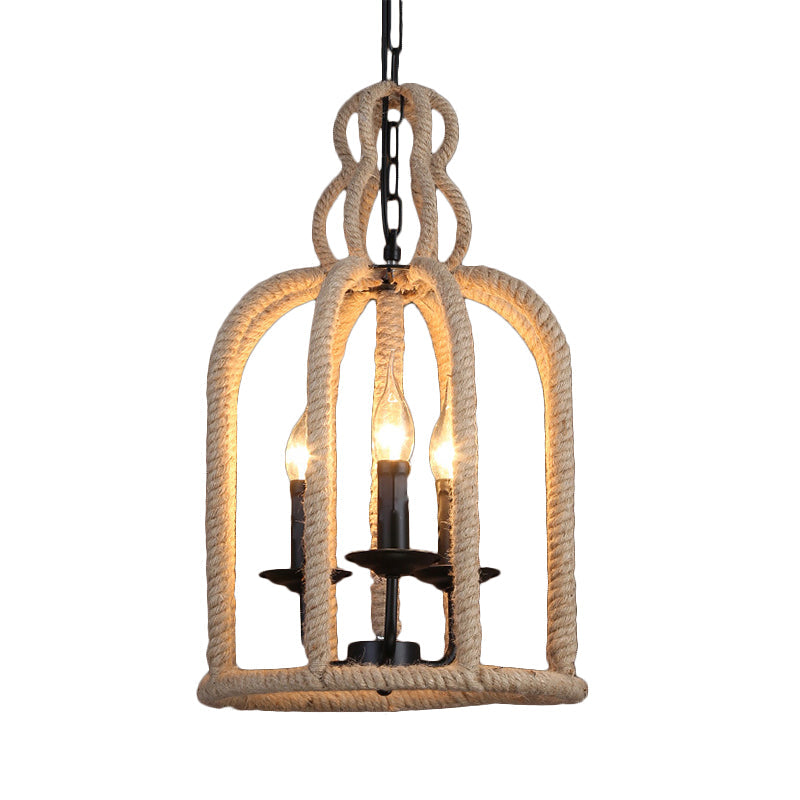 3-Head Retro Birdcage Rope Pendant Light In Brown - Dining Room Lamp Fixture