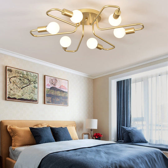 Contemporary Gold/Black/White Sputnik Semi Flush Ceiling Light - 6-Light Metal Mount for Bedroom