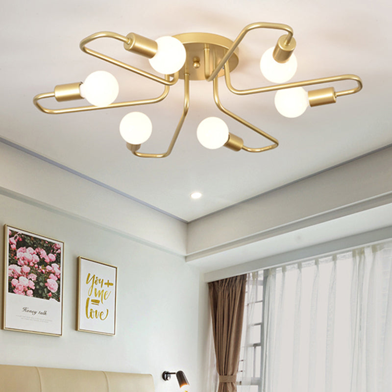 Contemporary Gold/Black/White Sputnik Semi Flush Ceiling Light - 6-Light Metal Mount for Bedroom