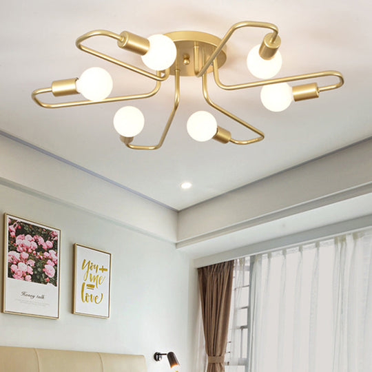 Contemporary Gold/Black/White Sputnik Semi Flush Ceiling Light - 6-Light Metal Mount For Bedroom