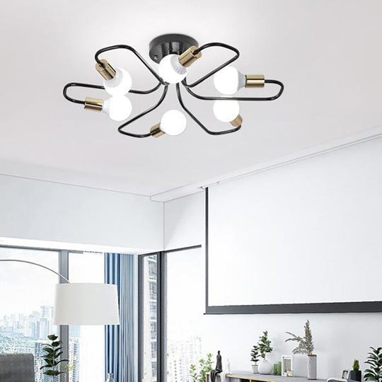 Contemporary Gold/Black/White Sputnik Semi Flush Ceiling Light - 6-Light Metal Mount for Bedroom