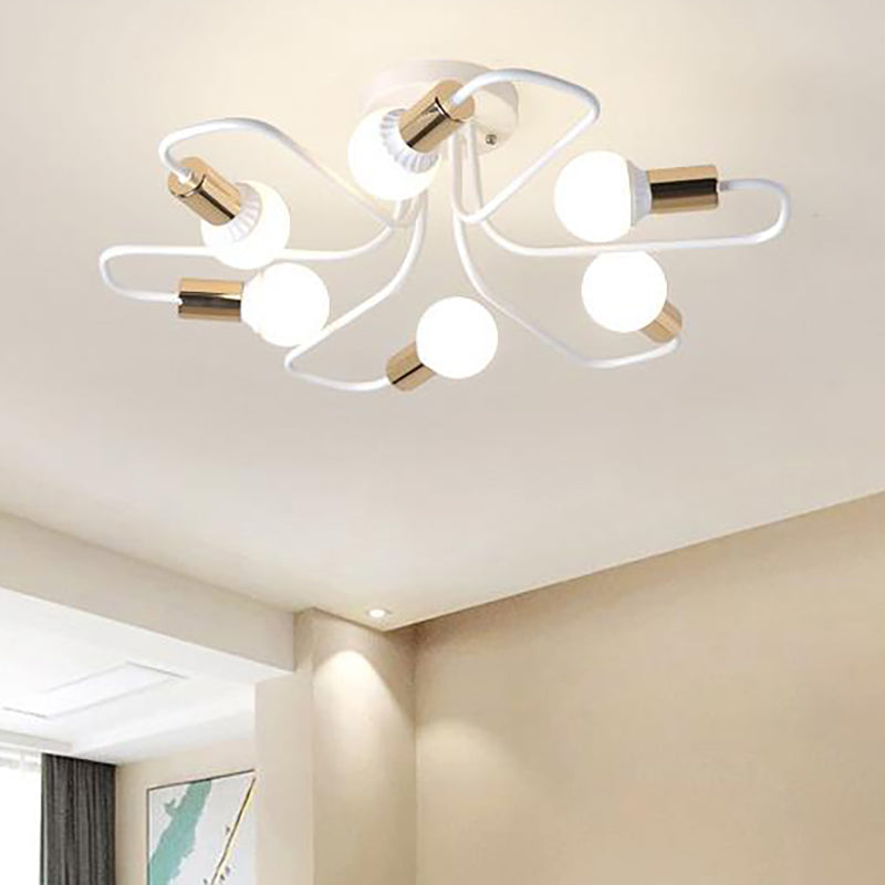 Contemporary Gold/Black/White Sputnik Semi Flush Ceiling Light - 6-Light Metal Mount for Bedroom