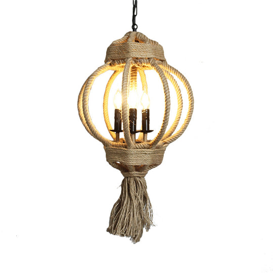 Country Style Hemp Rope Chandelier: 3-Bulb Lantern Cage Hanging Lamp In Beige For Restaurants