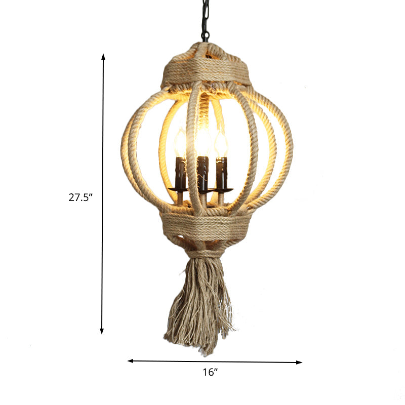 Country Style Hemp Rope Chandelier: 3-Bulb Lantern Cage Hanging Lamp In Beige For Restaurants