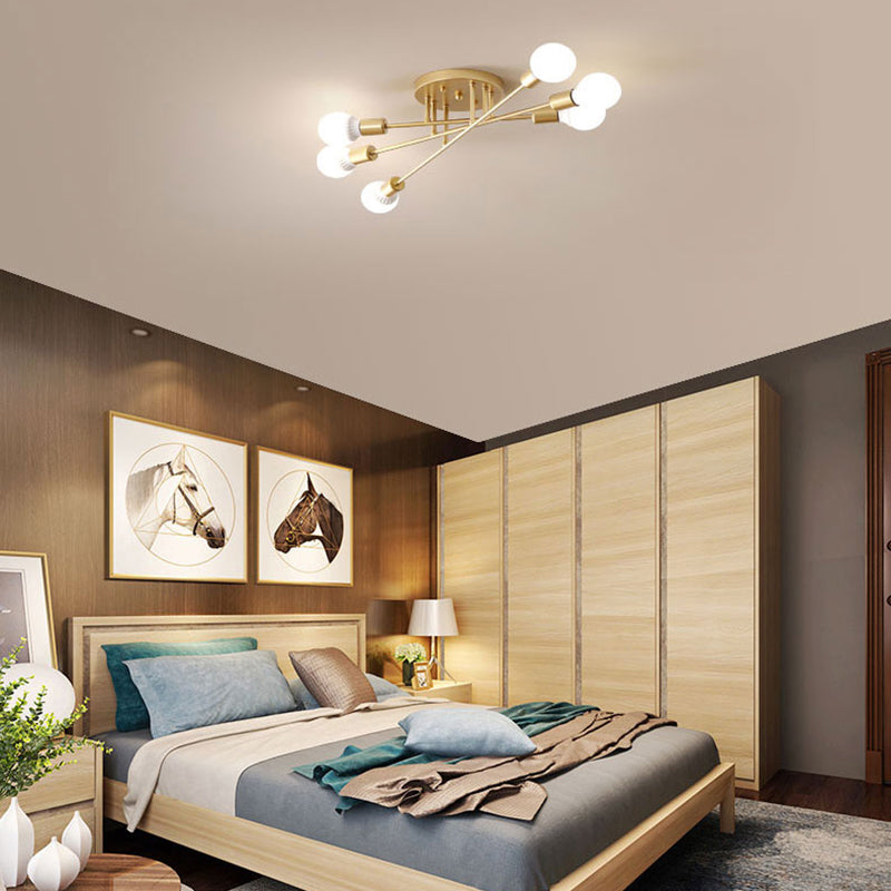 Modern Semi Flush Mount Gold/Black Ceiling Light Fixture - 6/8/10 Lights, Exposed Bulb Design for Bedroom