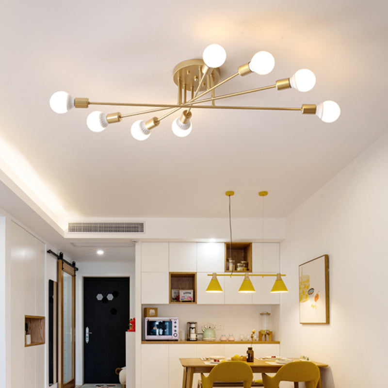 Modern Semi Flush Mount Gold/Black Ceiling Light Fixture - 6/8/10 Lights, Exposed Bulb Design for Bedroom