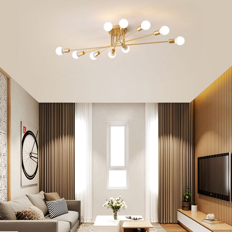 Modern Semi Flush Mount Gold/Black Ceiling Light Fixture - 6/8/10 Lights, Exposed Bulb Design for Bedroom