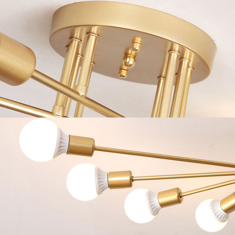 Modern Semi Flush Mount Gold/Black Ceiling Light Fixture - 6/8/10 Lights, Exposed Bulb Design for Bedroom