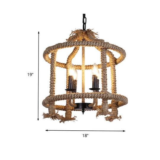 Lodge-Style Brown Pendant Lamp With 4 Rope Cage Shades - Stylish Hanging Light Fixture Perfect For