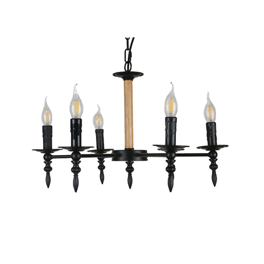 Vintage 6-Head Candle Chandelier Lamp Black Finish Metal & Wood Pendant Light For Restaurants