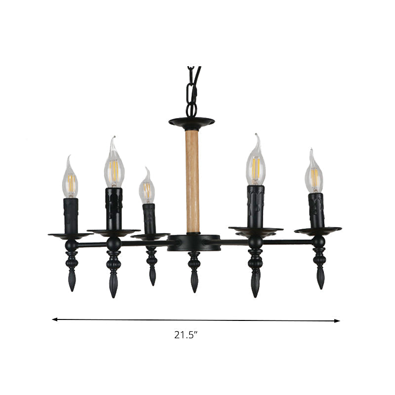 Black Finish Candle Chandelier - Antique Metal/Wood, 6 Heads - Restaurant Pendant Light