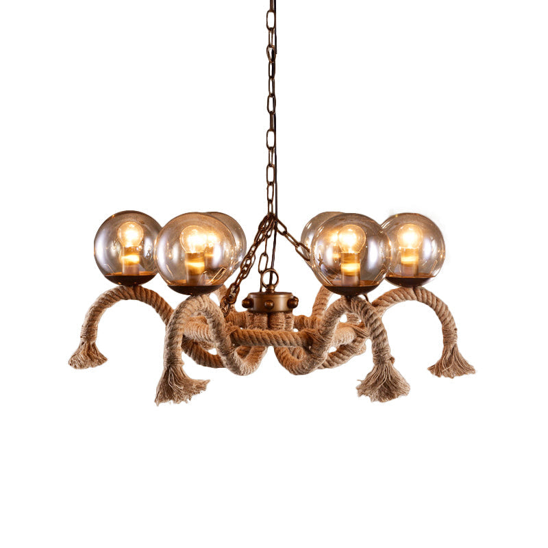 Retro Rust Finish Chandelier - 6 Lights, Global Lighting, Rope Suspension, Smoke Grey Glass Shade