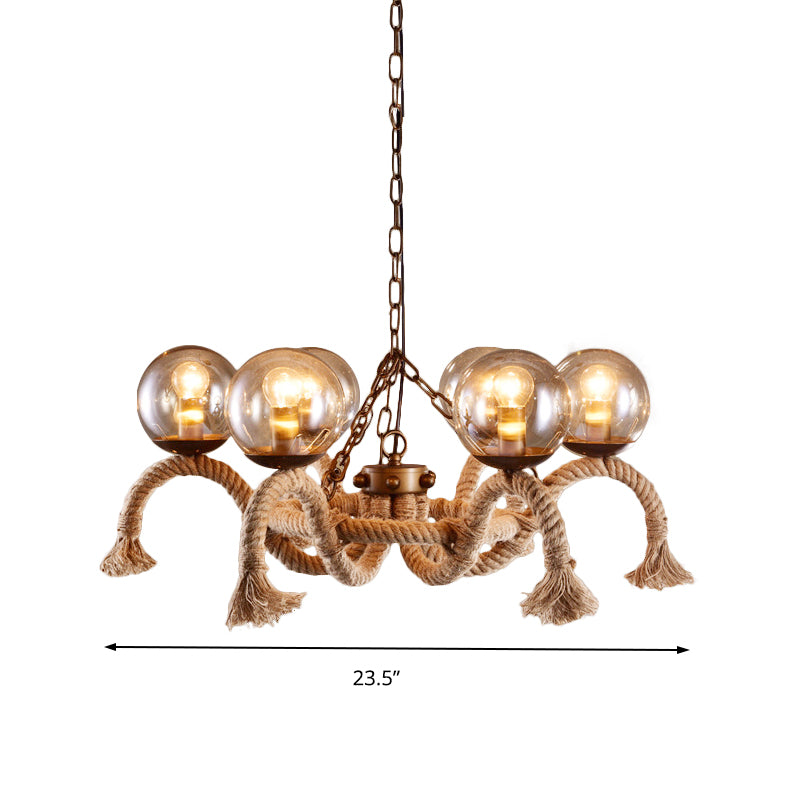 Retro Rust Finish Chandelier - 6 Lights, Global Lighting, Rope Suspension, Smoke Grey Glass Shade