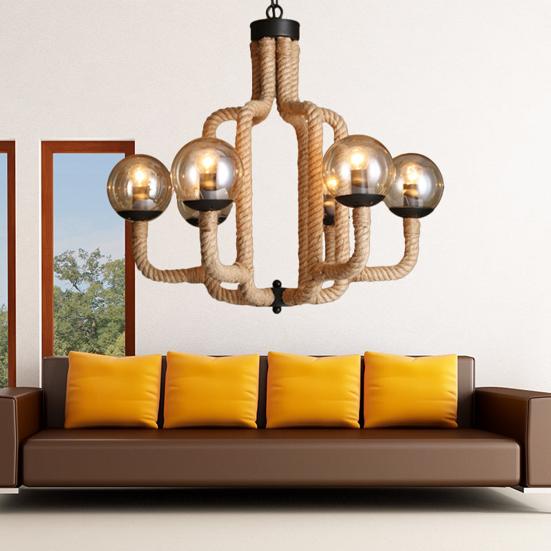 Caged Vintage Pendant Light With Glass Ball Shade - 6-Light Brown Rope Restaurant Chandelier