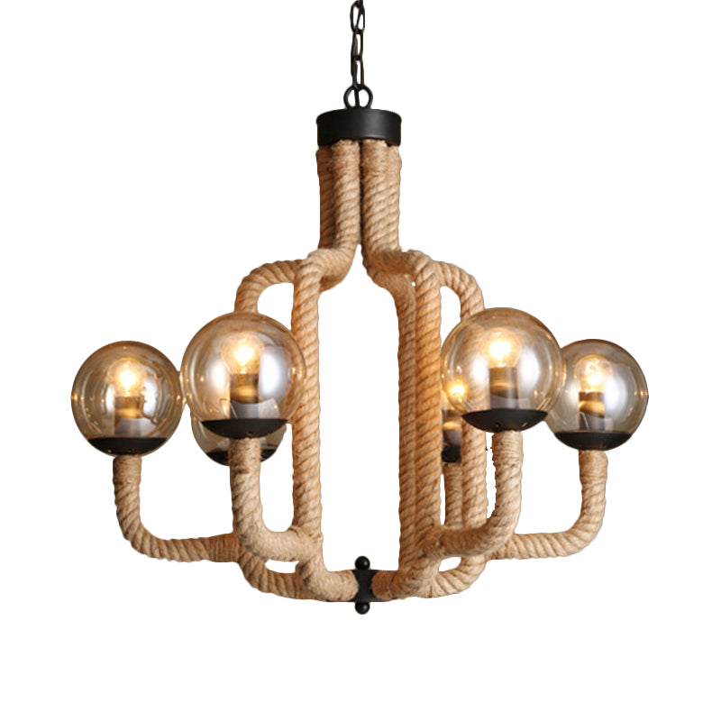 Caged Vintage Pendant Light With Glass Ball Shade - 6-Light Brown Rope Restaurant Chandelier