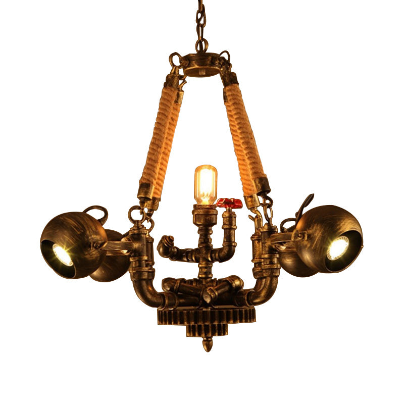 Retro Bronze 5-Light Ball Chandelier with Global Shade - Metal and Rope Pendant for Bars