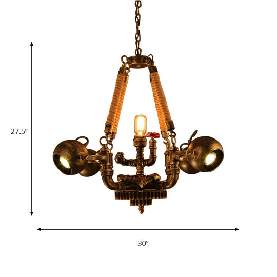 Retro Bronze Metal And Rope Hanging Pendant Chandelier - 5 Lights Ball Global Shade Ideal For Bars