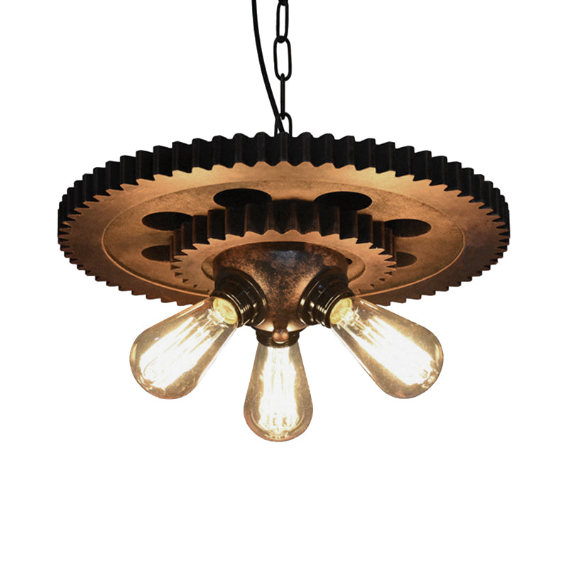 Industrial 3-Head Rust Pendant Light With Exposed Bulbs And Gear Decoration For Restaurants