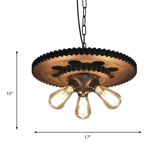 Retro Industrial 3-Head Pendant Light with Dark Rust Finish - Exposed Bulbs, Metal Construction, and Gear Decoration - Ideal for Restaurants' Chandelier Lighting