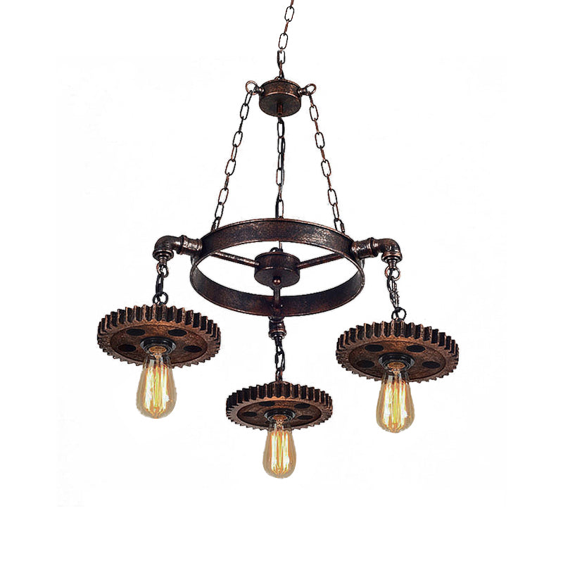 Industrial 3-Head Rust Pendant Light With Exposed Bulbs And Gear Decoration For Restaurants