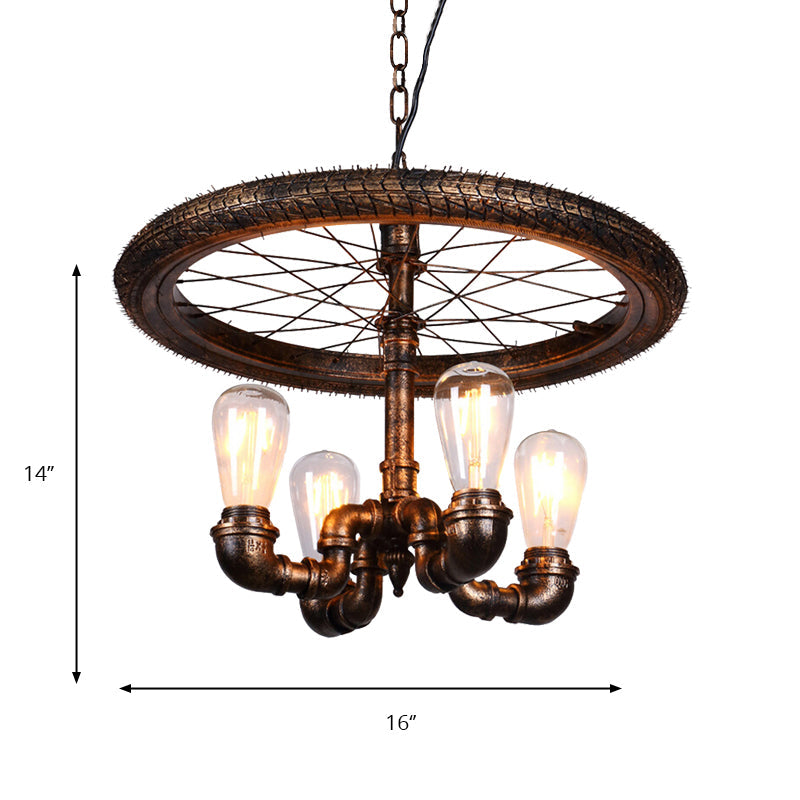 Vintage Metal Chandelier - 4 Lights Rust Pendant Light with Pipe, Wheel Design for Living Room