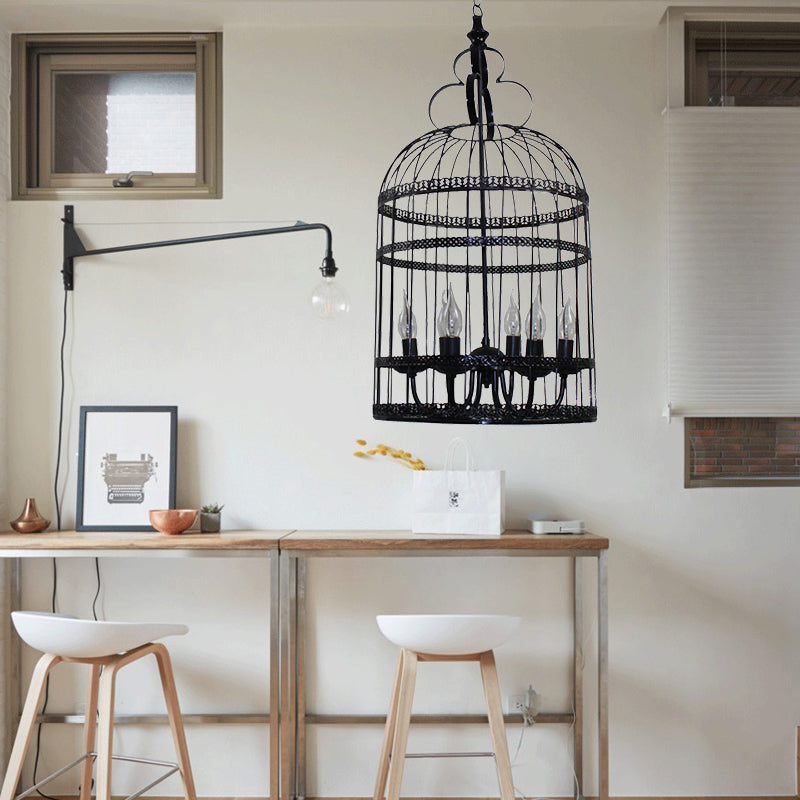 Industrial Style Bird Cage Hanging Light with Candle - Black Metallic Chandelier Lamp for Bedroom - 3/6 Bulbs