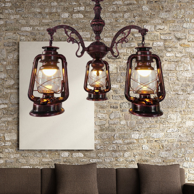 Industrial Pendant Chandelier Light for Kitchen - Clear Glass with Black/Silver/Red Lantern Design