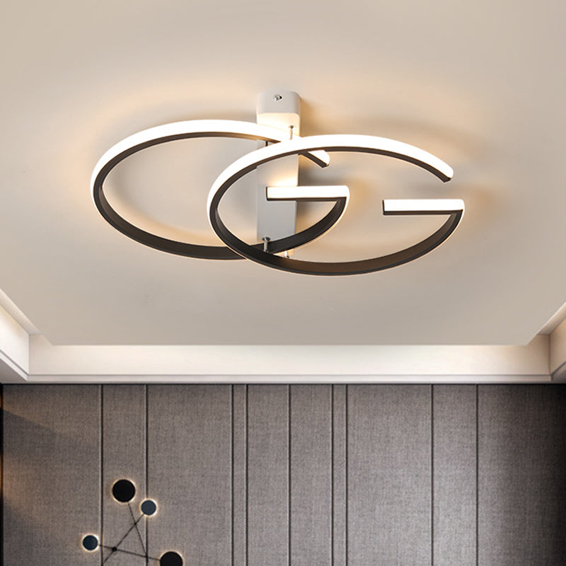 Minimalist Dual G-Shape Metal LED Ceiling Light in Warm/White, Black Finish – 18"/21.5" Wide