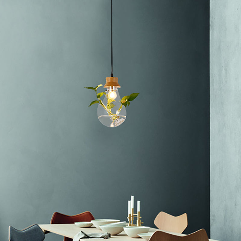 Industrial Clear Glass Dining Room Pendant Light Kit With Exposed Bulb And Wood Cap