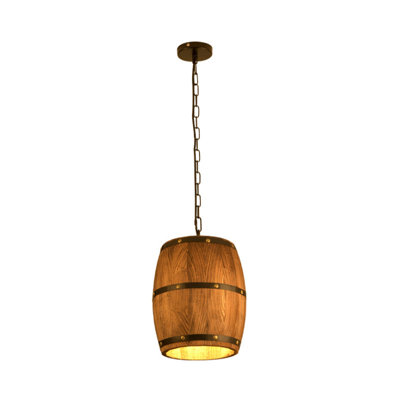 Industrial Wood Barrel Pendant Light In Brown - Creative Hanging Fixture