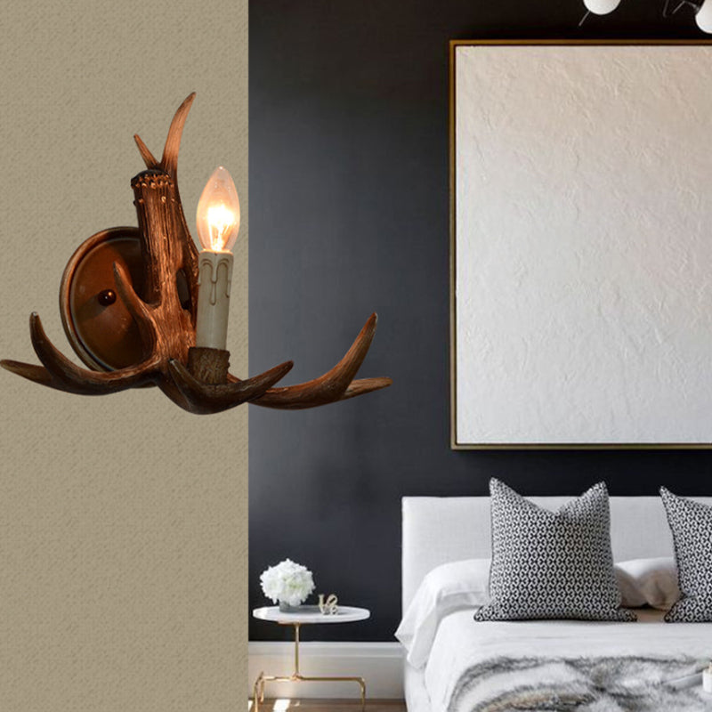 Rustic Brown Resin Antlers Wall Sconce - Cottage Décor 1 Head Candle Light