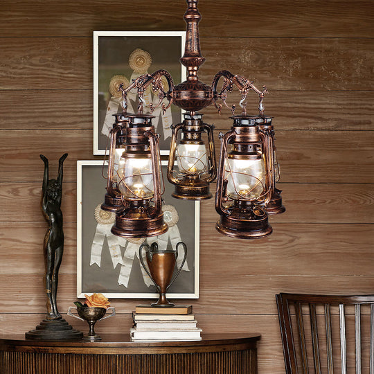 Antique Bronze/Copper Glass Pendant Chandelier - 5 Lights Stylish Kerosene-Inspired Fixture For