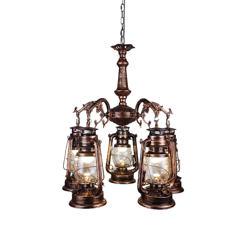 Antique Bronze/Copper Glass Pendant Chandelier - 5 Lights Stylish Kerosene-Inspired Fixture For