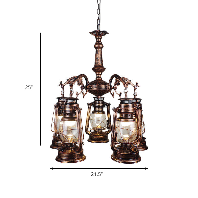 Antique Bronze/Copper Glass Pendant Chandelier - 5 Lights Stylish Kerosene-Inspired Fixture For