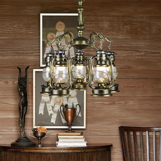 Antique Bronze/Copper Glass Pendant Chandelier - 5 Lights Stylish Kerosene-Inspired Fixture For