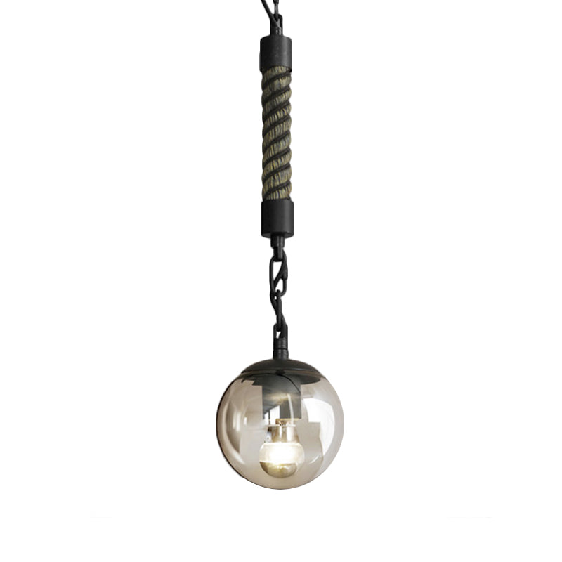 Lodge Style Black Finish Glass Pendant Light With Rope - Tan Color