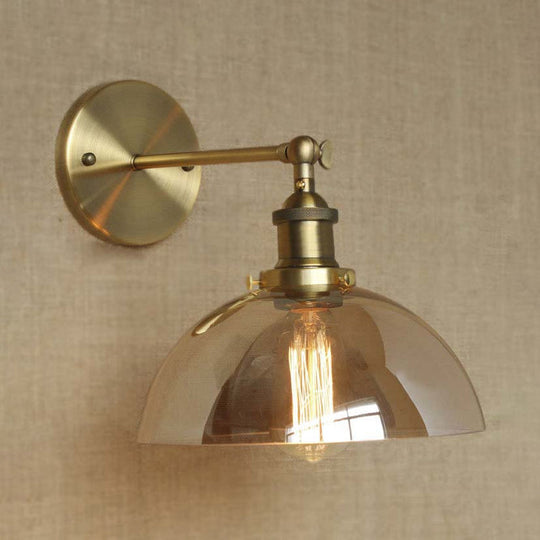 Industrial Brass Dome Wall Lamp With White/Clear/Amber Glass Sconce Amber