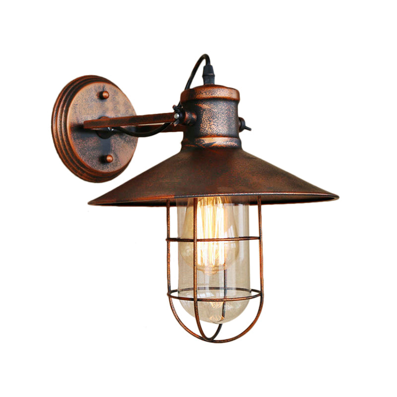 Traditional Black/Rust Caged Wall Sconce Light With Clear Glass - Ideal Coffee Shop Lighting