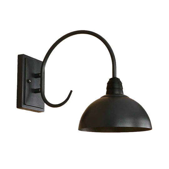 Black Retro Wall Sconce With Domed Metallic Shade And Curved Arm