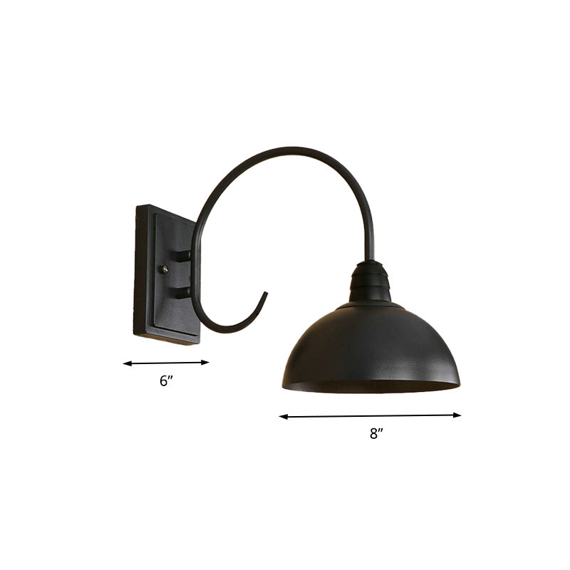 Black Retro Wall Sconce With Domed Metallic Shade And Curved Arm