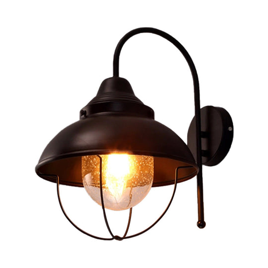 Black Farmhouse Dome Wall Light Fixture With Cage - Seeded Glass Shade 1 Metal Sconce