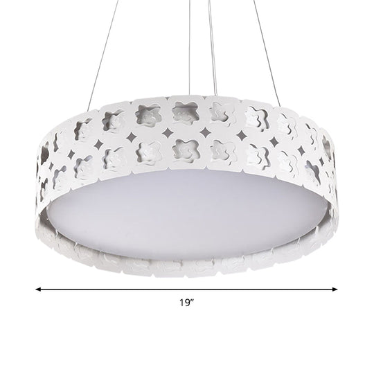 Contemporary Etched Flower Pendant Light - Led Metal Lamp In White/Warm 14/19 Wide