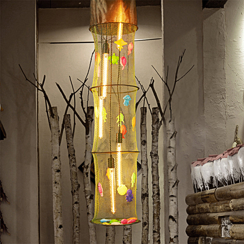 Cylindrical Finishing Net Pendant Light With Fish Deco: Creative Green Hanging