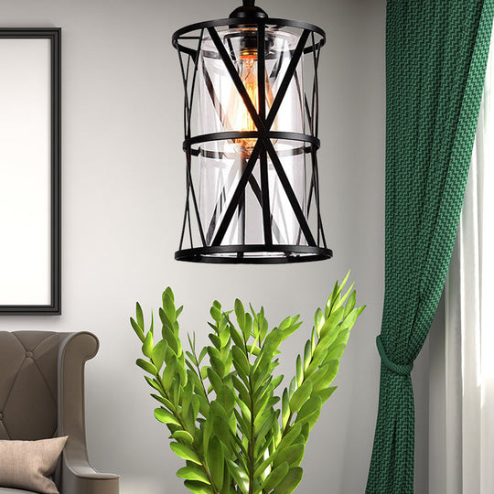 Industrial Clear Glass Pendant Light With Black Iron Frame