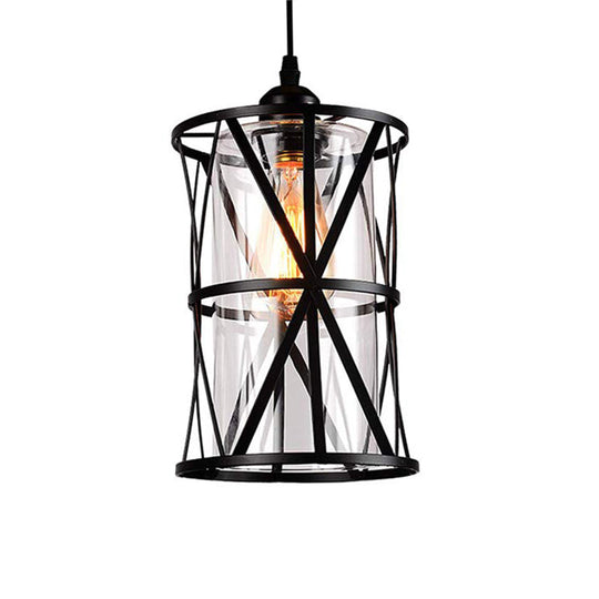 Industrial Clear Glass Pendant Light With Black Iron Frame